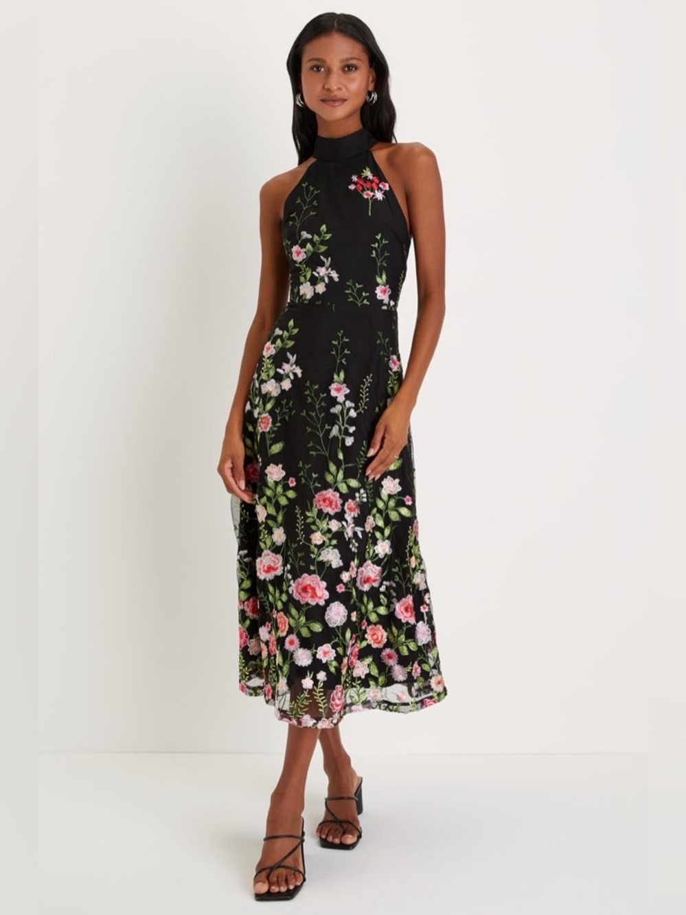 Lulu's Blossoming Energy Black Floral Embroidered Halter Midi Dress NWT